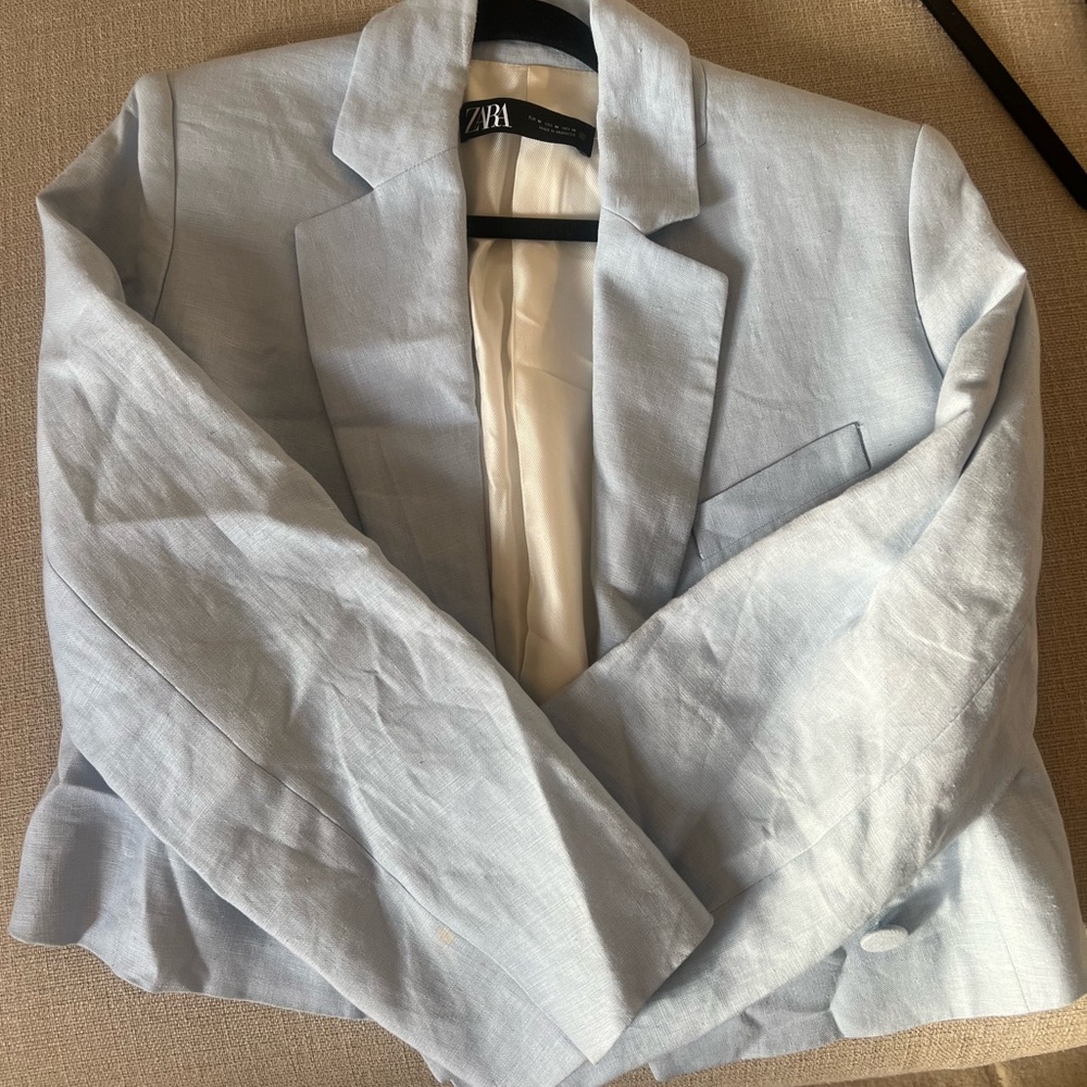 Zara Pale Blue Cropped Linen Blazer